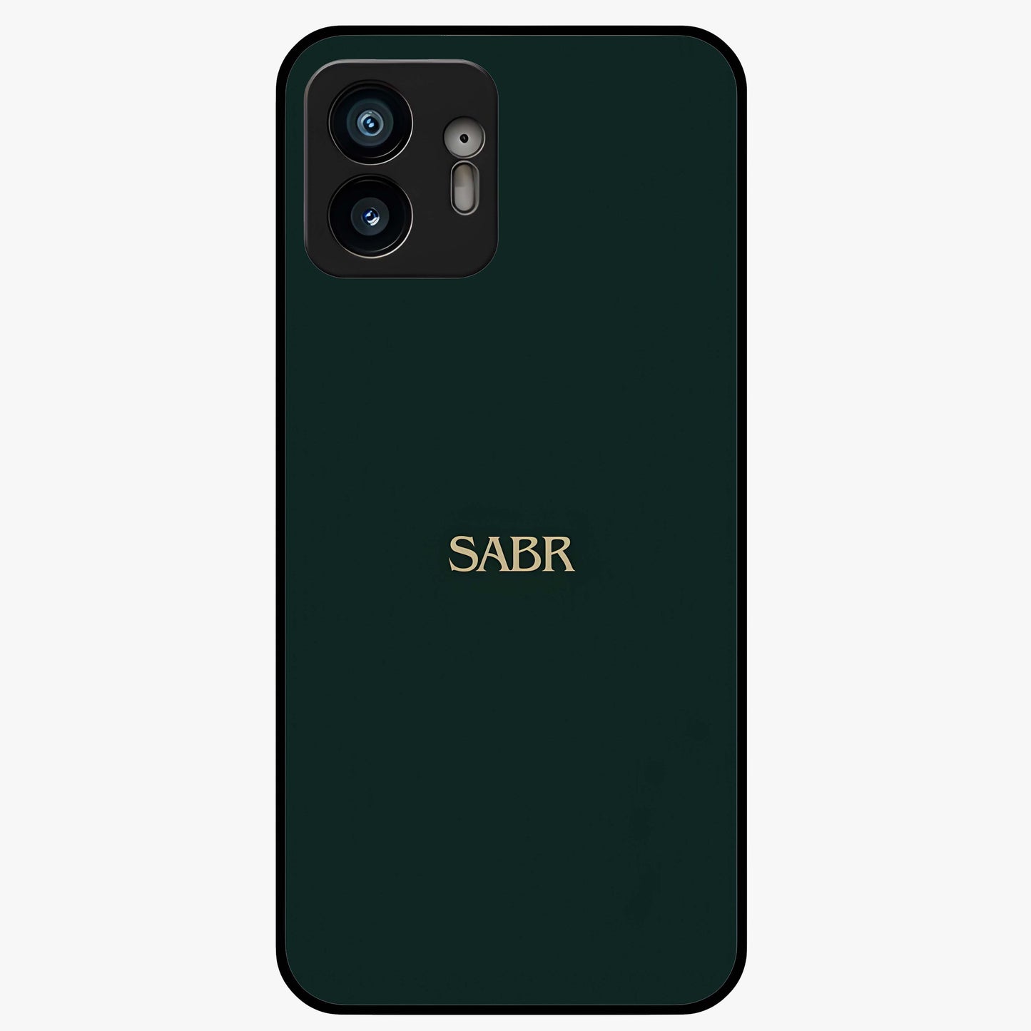 Sabr Minimal Patience Glass Case showing flat back view with minimalist typography artwork and glossy glass finish.