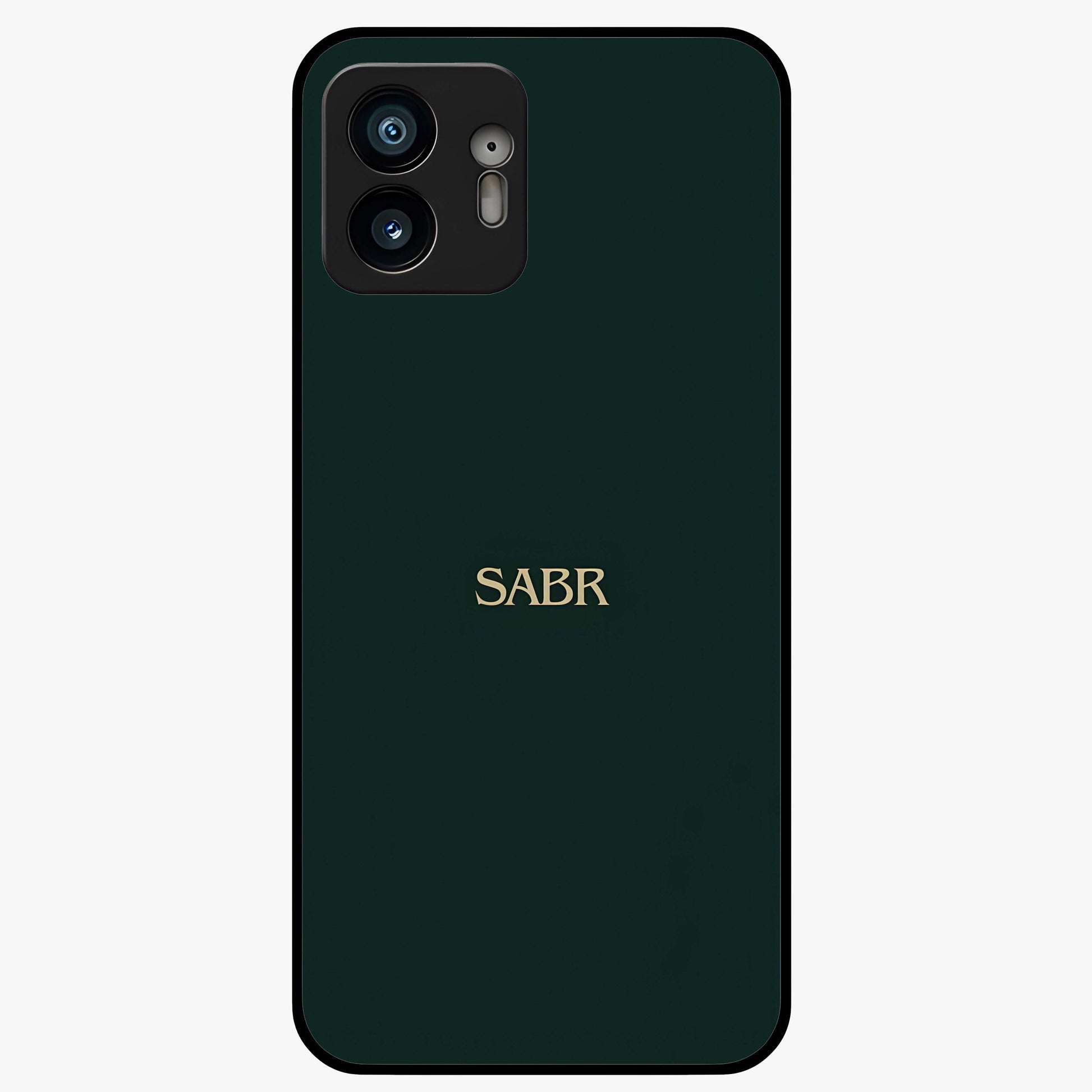 Sabr Minimal Patience Glass Case showing flat back view with minimalist typography artwork and glossy glass finish.