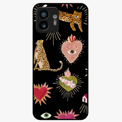 Sacred Jungle Heart Glass Case showing flat back view with jungle inspired heart artwork and glossy glass finish.