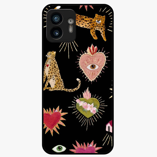 Sacred Jungle Heart Glass Case showing flat back view with jungle inspired heart artwork and glossy glass finish.