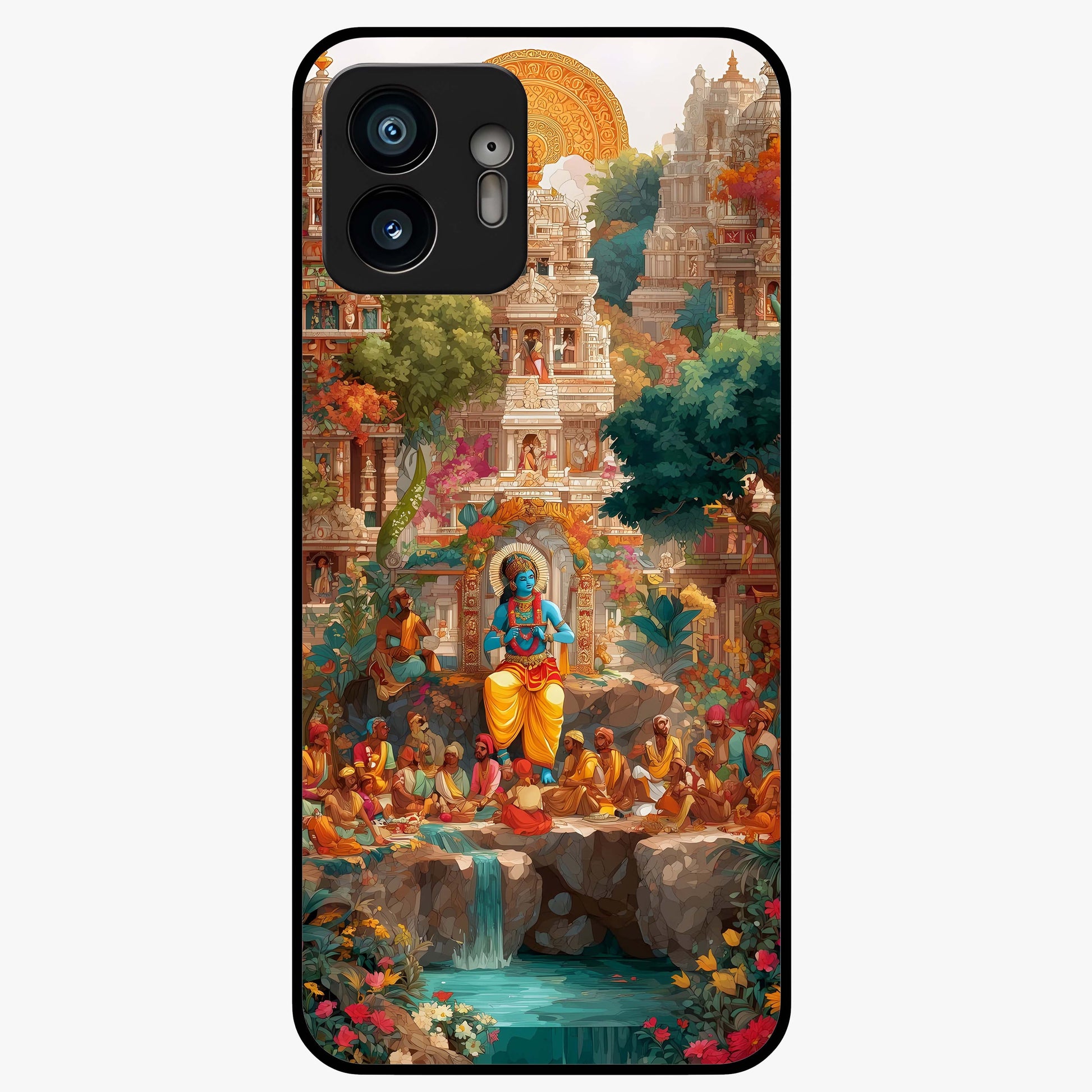 Sacred Sunlight Gods Glass Case showing flat back view with divine sunlight themed artwork and glossy glass finish.