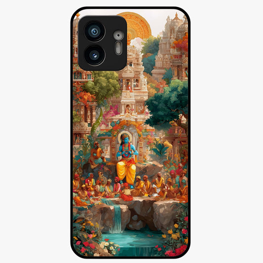Sacred Sunlight Gods Glass Case showing flat back view with divine sunlight themed artwork and glossy glass finish.