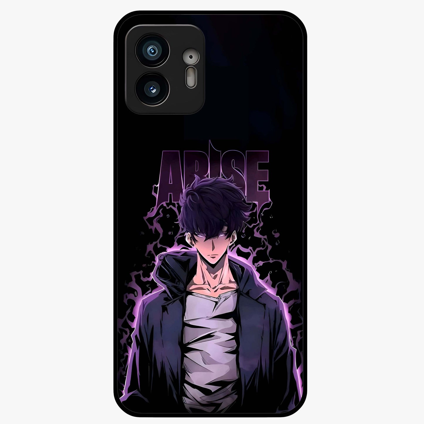 Shadow Monarch Awakening Glass Case showing flat back view with powerful dark monarch themed artwork and glossy glass finish.