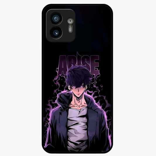 Shadow Monarch Awakening Glass Case showing flat back view with powerful dark monarch themed artwork and glossy glass finish.