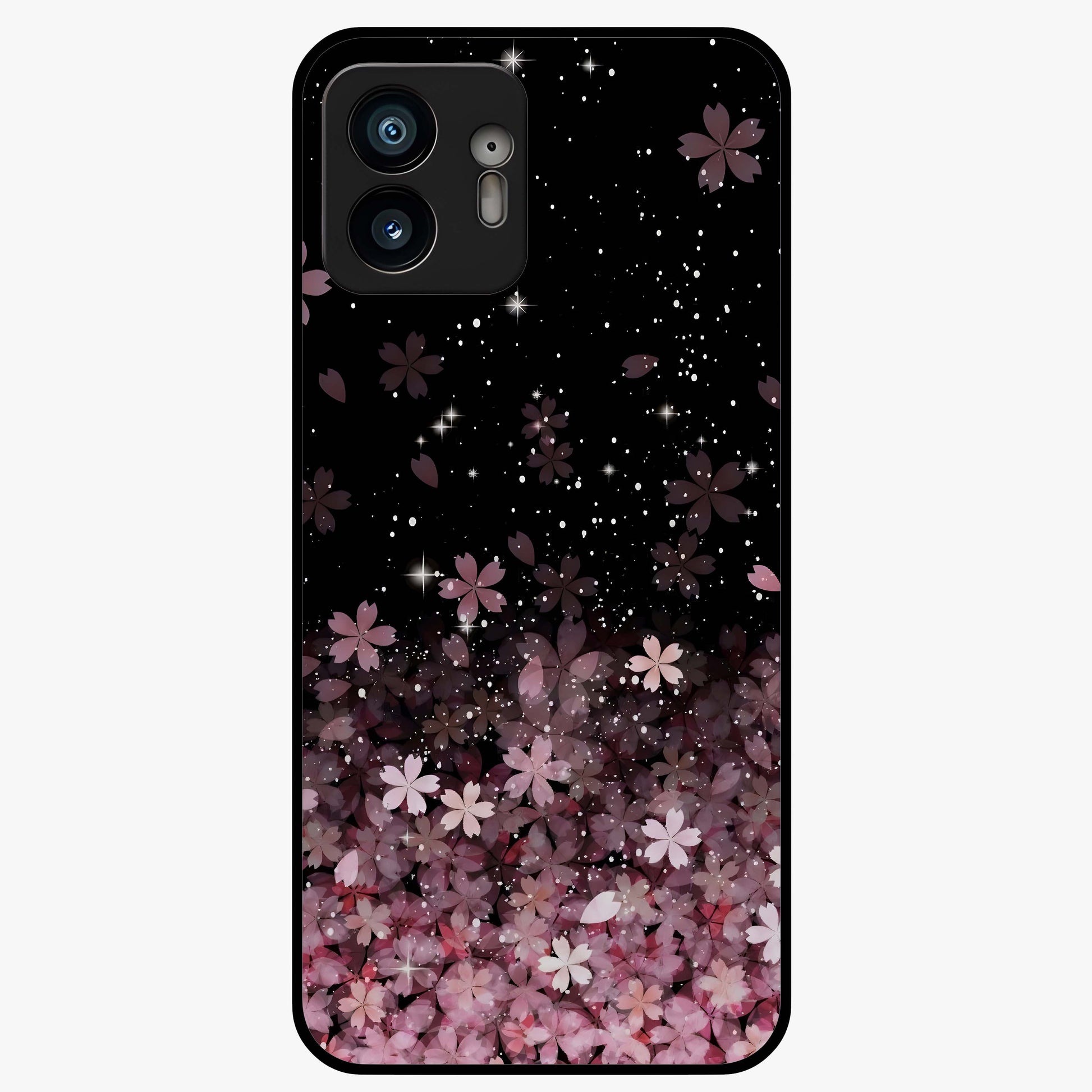 Small Starry Flowers Glass Case showing flat back view with delicate starry floral artwork and glossy glass finish.