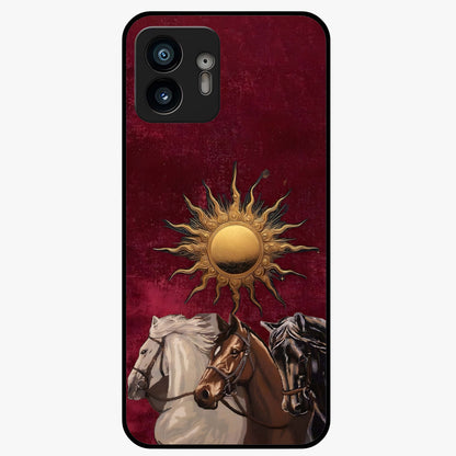 Solar Riders Glass Case showing flat back view with dynamic rider themed artwork and glossy glass finish.