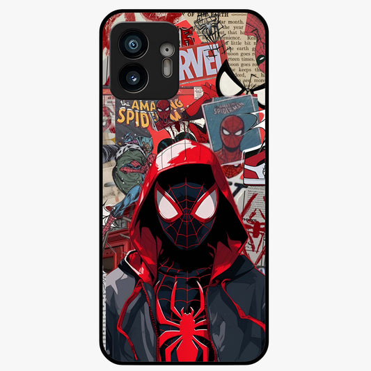 Spider Collage Street Glass Case showing flat back view with vibrant superhero collage artwork and glossy glass finish.