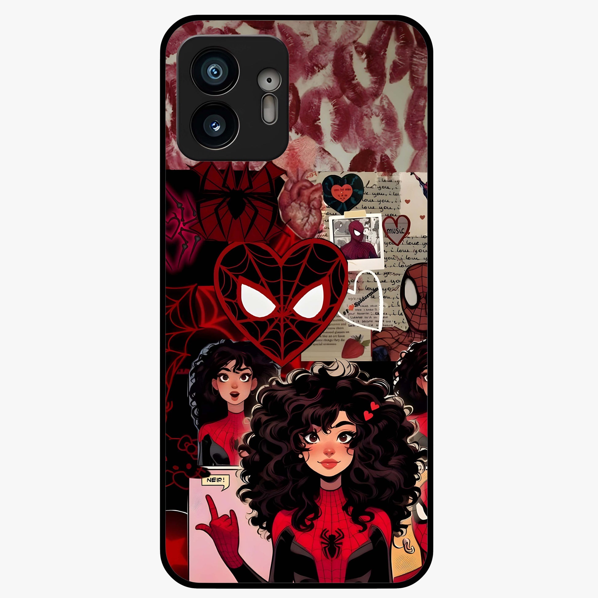 Spider Love Story Glass Case showing flat back view with romantic superhero themed artwork and glossy glass finish.
