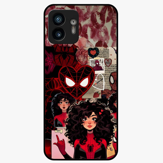 Spider Love Story Glass Case showing flat back view with romantic superhero themed artwork and glossy glass finish.