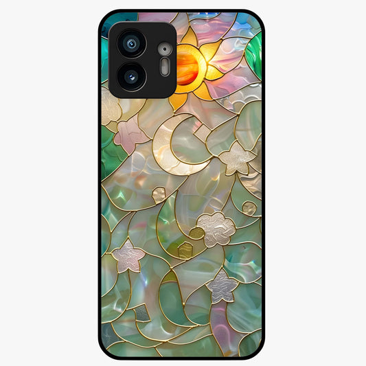 Stained Sunrise Glow Glass Case showing flat back view with glowing sunrise stained pattern artwork and glossy glass finish.