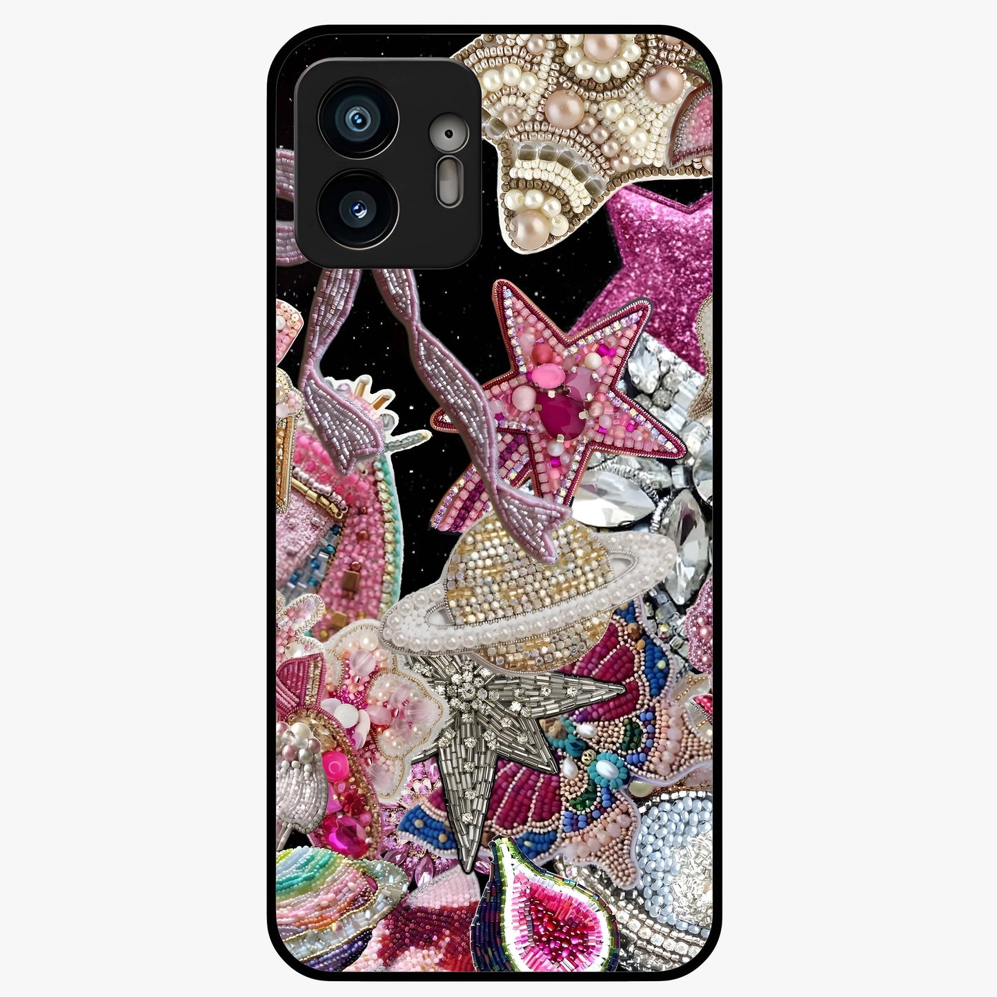 Starlit Jewel Dream Glass Case showing flat back view with sparkling jewel and star themed artwork and glossy glass finish.