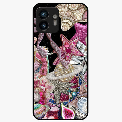 Starlit Jewel Dream Glass Case showing flat back view with sparkling jewel and star themed artwork and glossy glass finish.