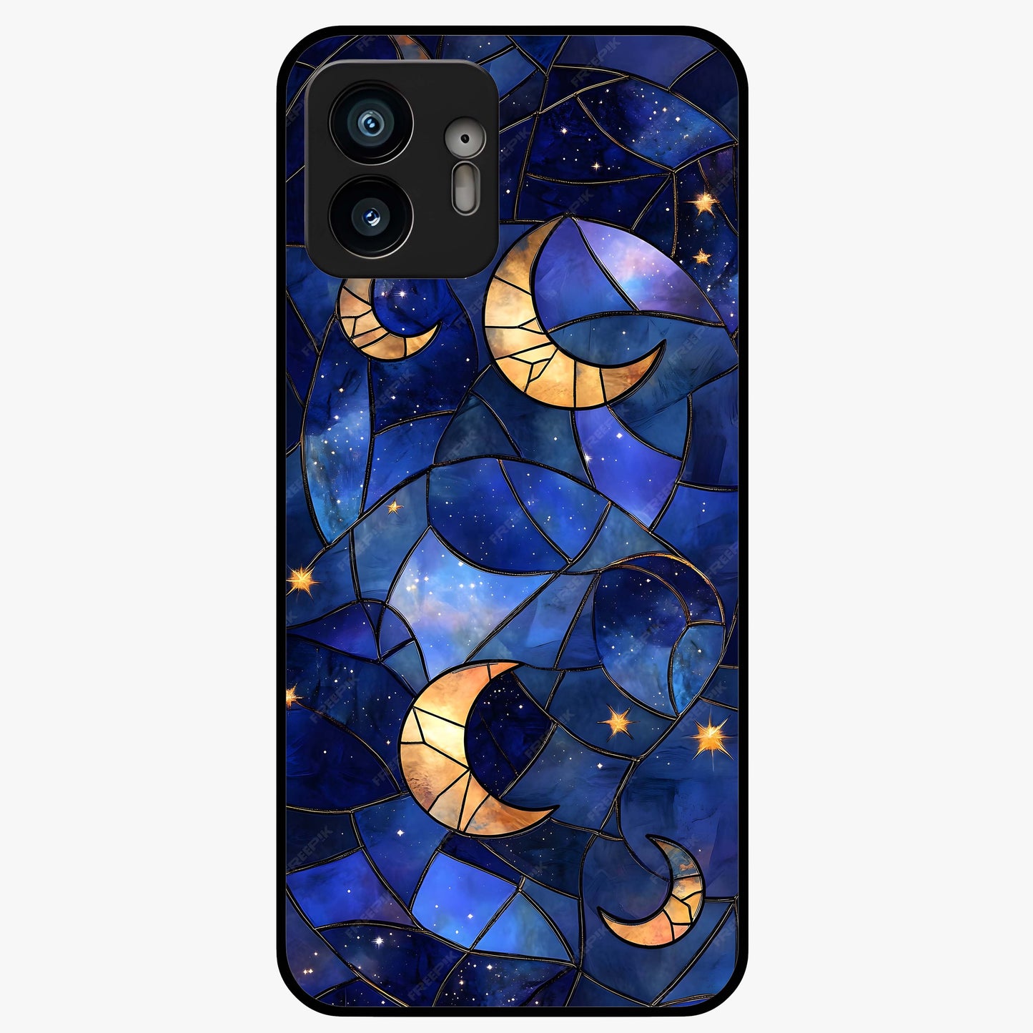 Starlit Sky Tapestry Glass Case showing flat back view with decorative starry sky tapestry artwork and glossy glass finish.