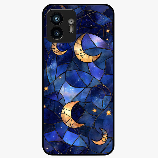 Starlit Sky Tapestry Glass Case showing flat back view with decorative starry sky tapestry artwork and glossy glass finish.