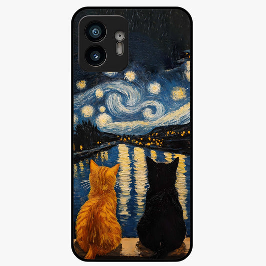 Starry River Cats Glass Case showing flat back view with cats by a starry river artwork and glossy glass finish.