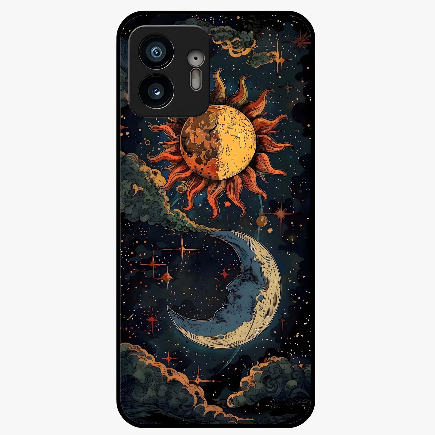 Sun And Moon Magic Design Glass Case showing flat back view with mystical sun and moon artwork and glossy glass finish.