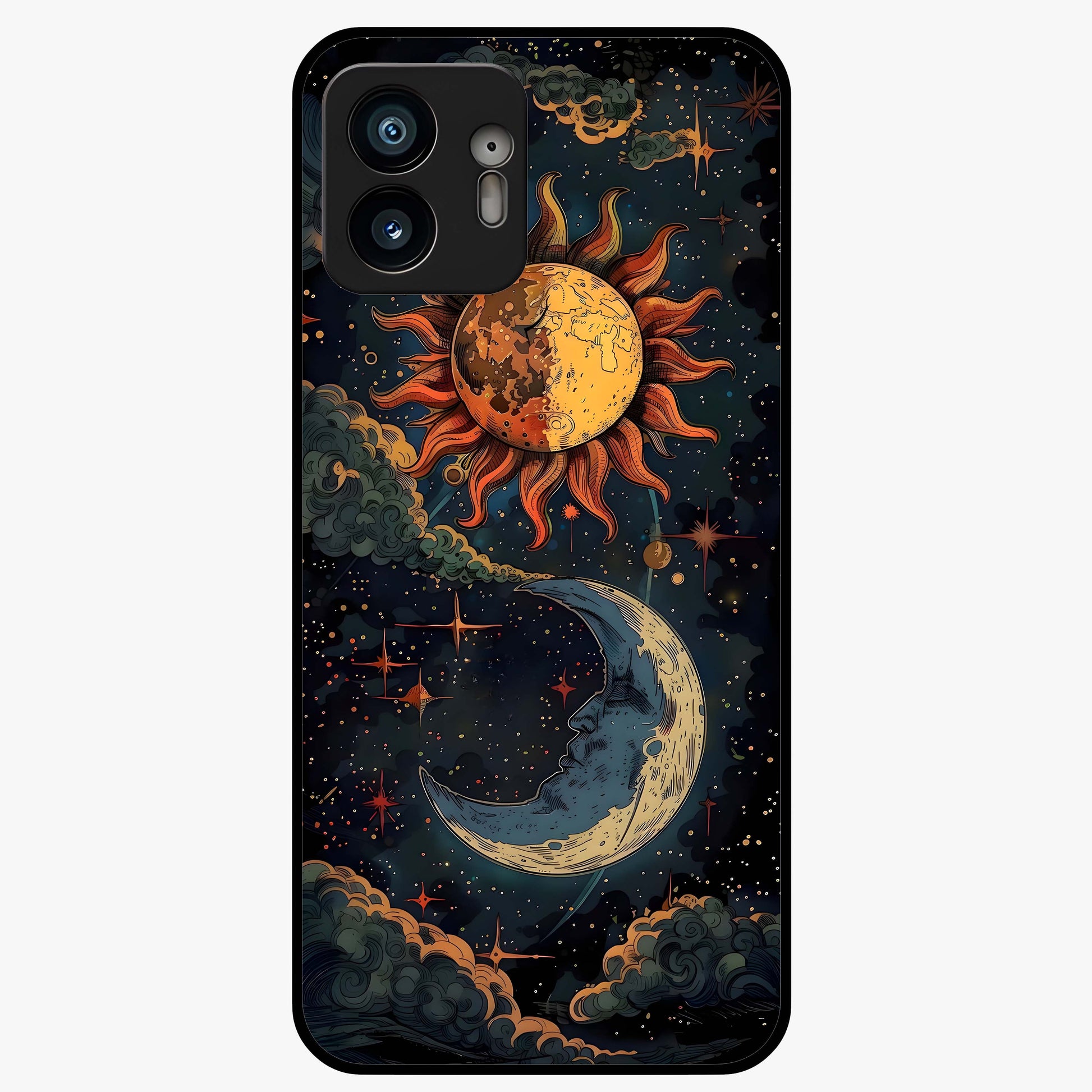 Sun And Moon Magic Design Glass Case showing flat back view with mystical sun and moon artwork and glossy glass finish.