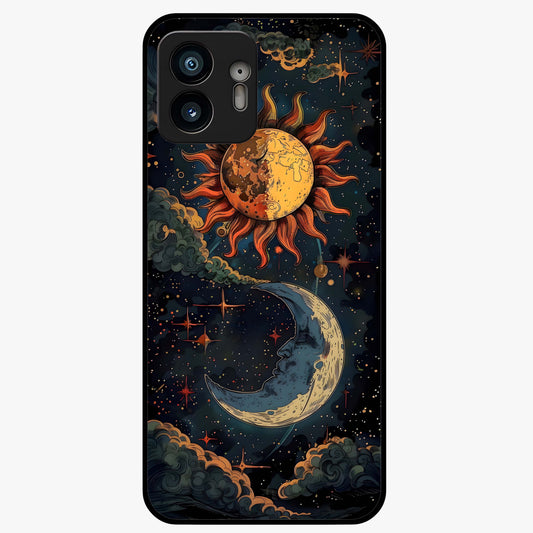 Sun And Moon Magic Design Glass Case showing flat back view with mystical sun and moon artwork and glossy glass finish.