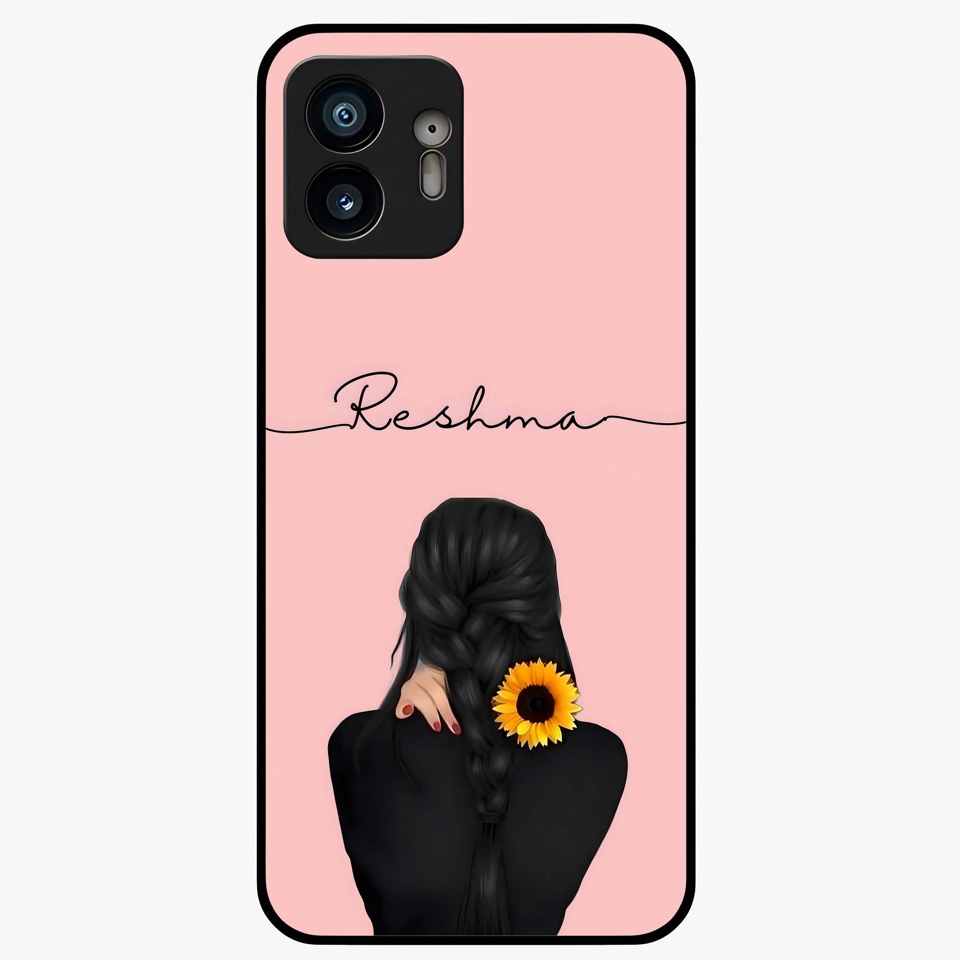 Sunflower Braid Beauty With Custom Name Glass Case showing flat back view with sunflower braid artwork and personalized name design.