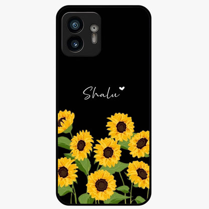 Sunflower Chic Mood Custom Name Glass Case showing flat back view with stylish sunflower artwork and personalized name design.