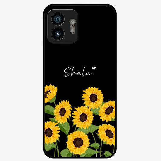 Sunflower Chic Mood Custom Name Glass Case showing flat back view with stylish sunflower artwork and personalized name design.