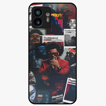 The Weeknd Glass Case showing flat back view with music inspired artistic portrait artwork and glossy glass finish.