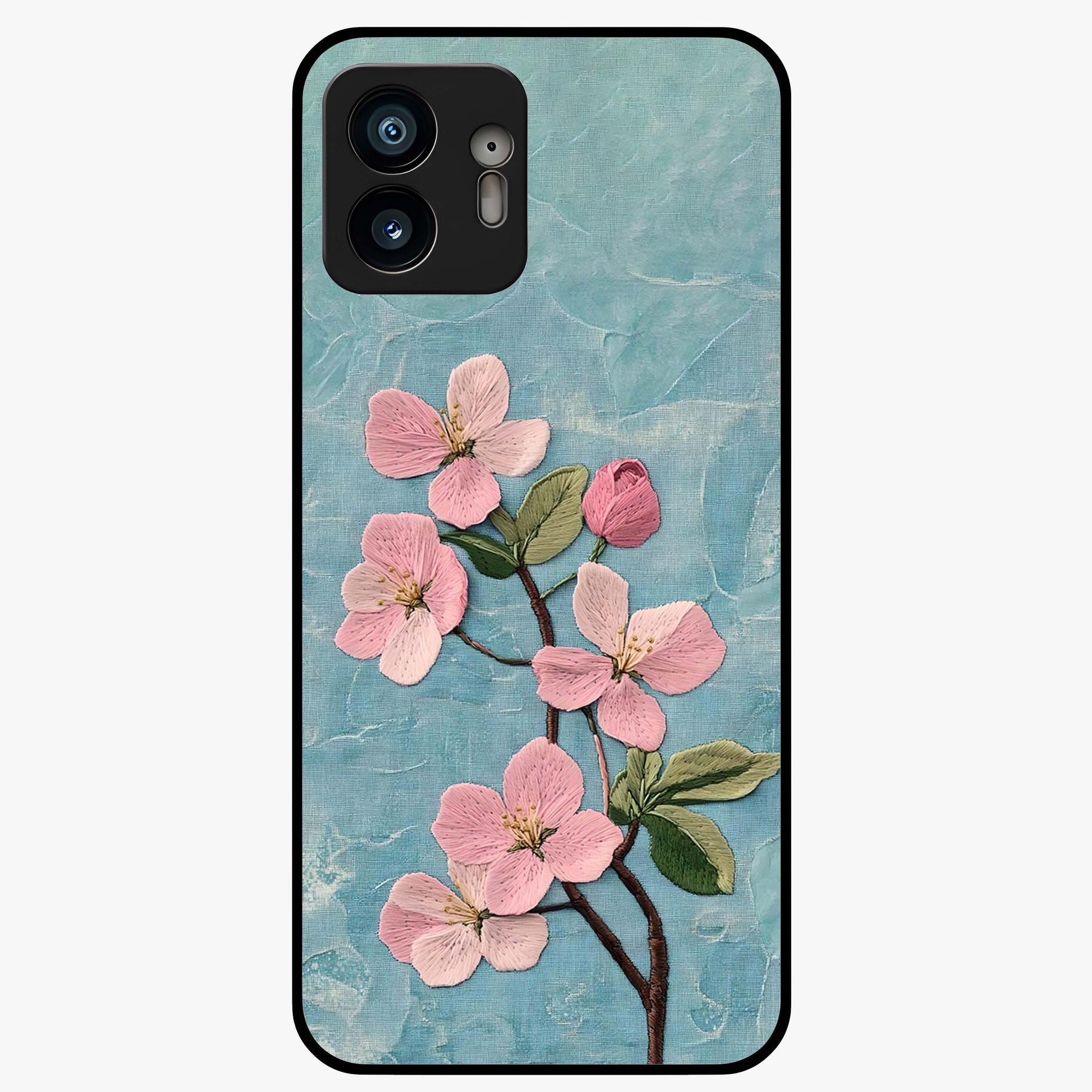 Threaded Blossom Breeze Glass Case showing flat back view with delicate blossom artwork and glossy glass finish.