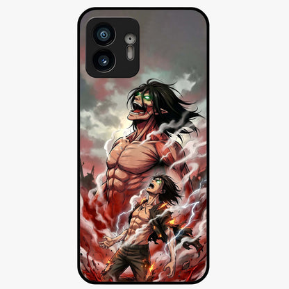 Titan Awakening Fury Glass Case showing flat back view with powerful titan inspired artwork and glossy glass finish.