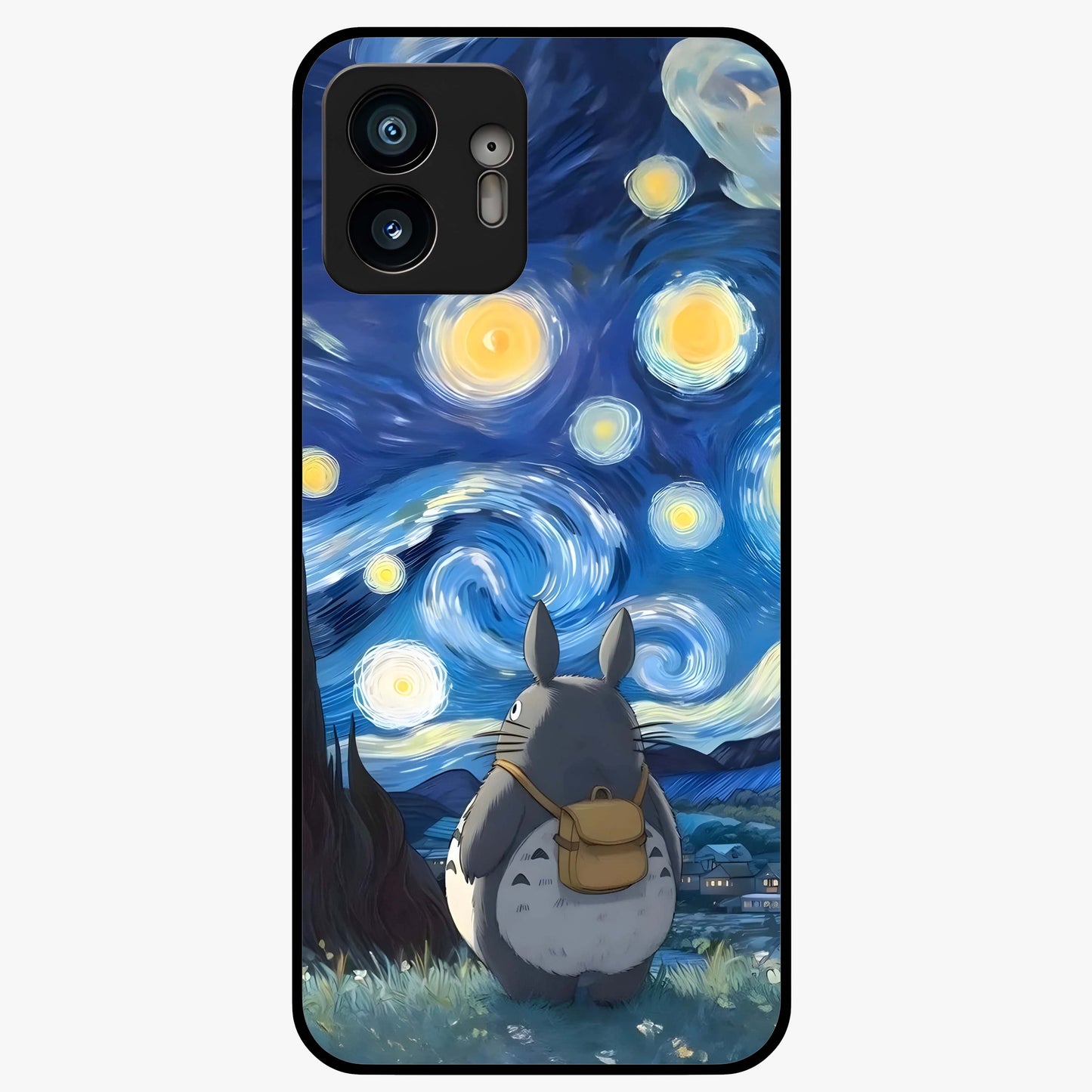 Totoro In Van Gogh Art Glass Case showing flat back view with whimsical character artwork inspired by Van Gogh style and glossy glass finish.
