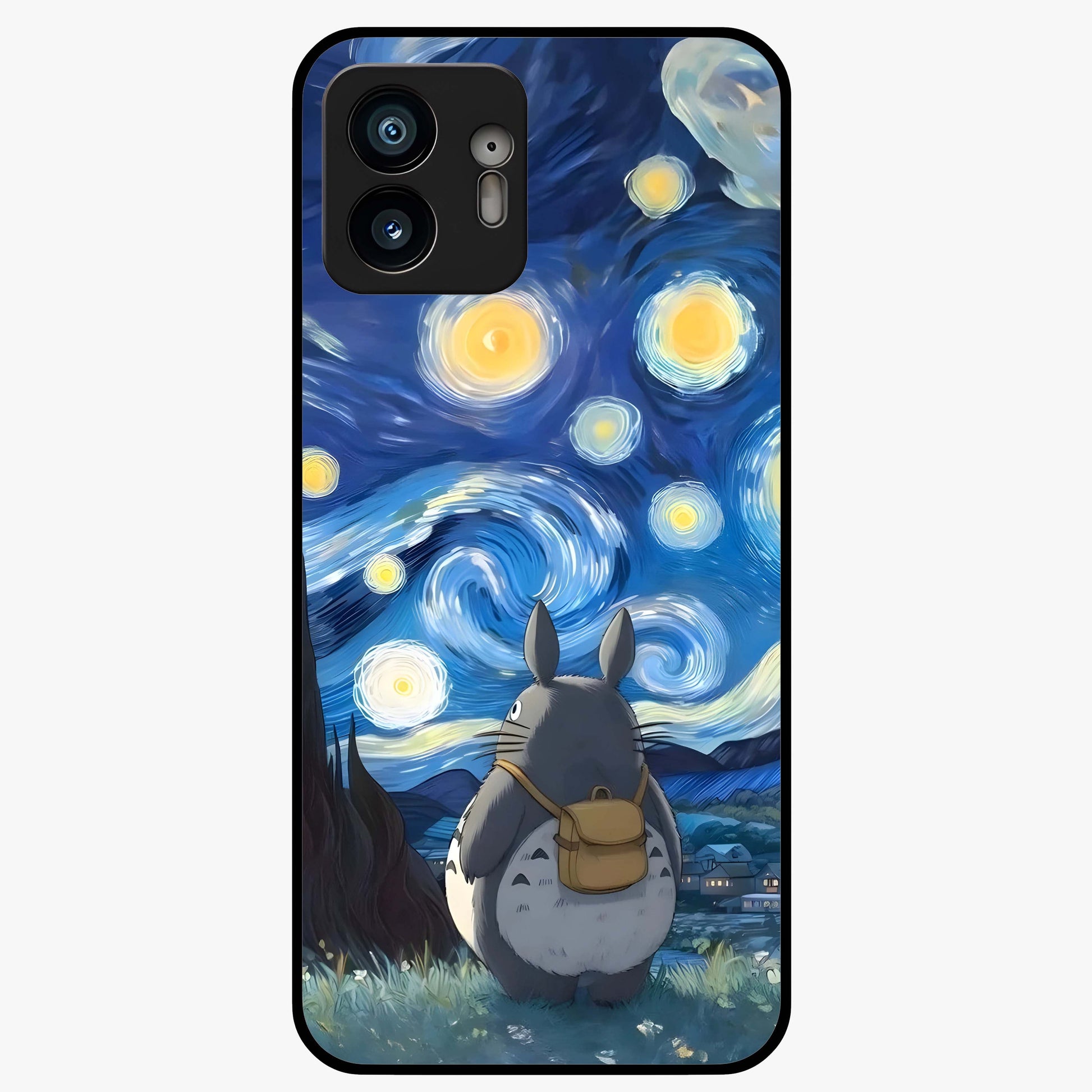 Totoro In Van Gogh Art Glass Case showing flat back view with whimsical character artwork inspired by Van Gogh style and glossy glass finish.