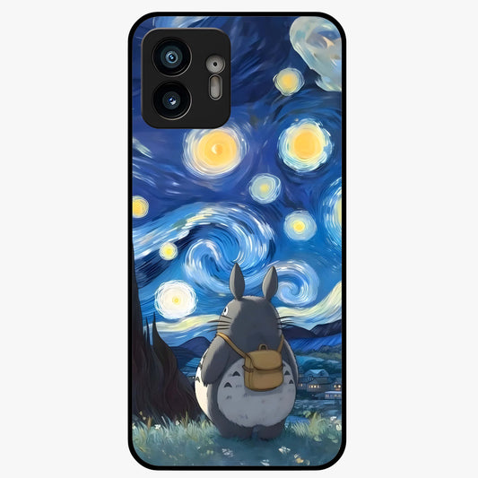 Totoro In Van Gogh Art Glass Case showing flat back view with whimsical character artwork inspired by Van Gogh style and glossy glass finish.