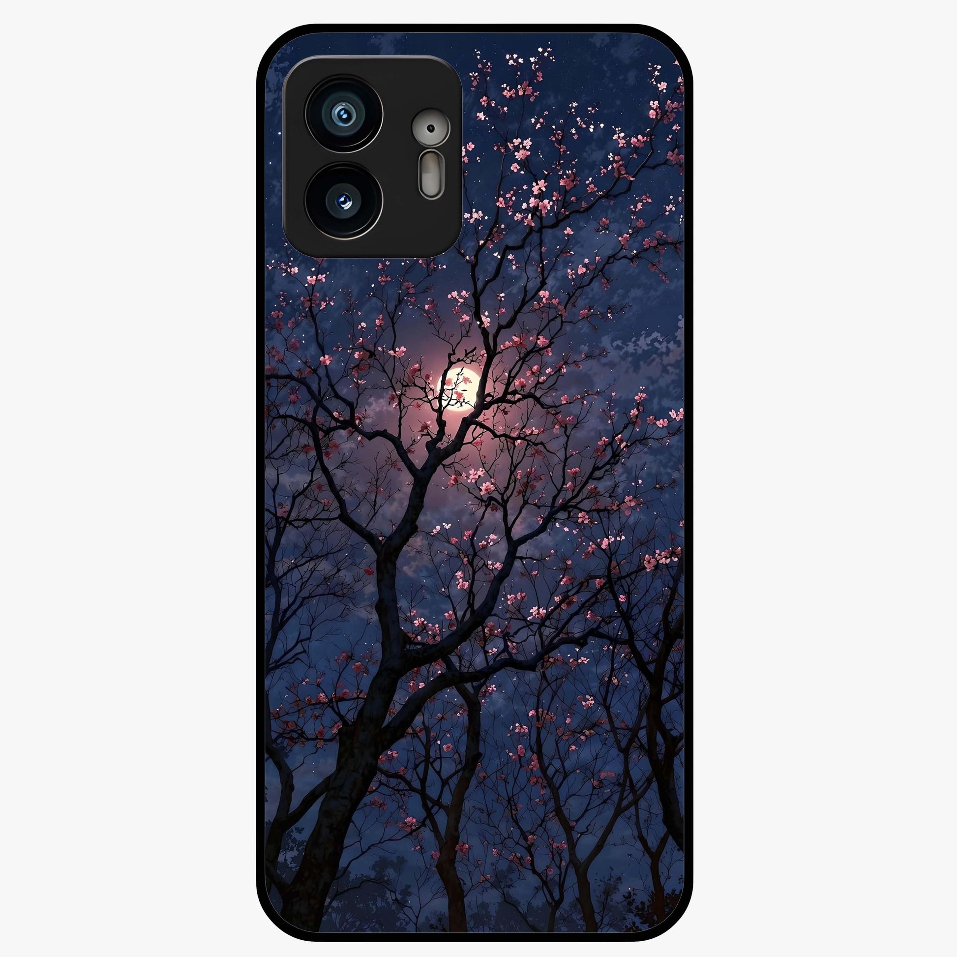 Twilight Sakura Serenade Glass Case showing flat back view with cherry blossom artwork at twilight and glossy glass finish.