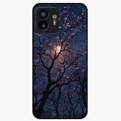 Twilight Sakura Serenade Glass Case showing flat back view with cherry blossom artwork at twilight and glossy glass finish.