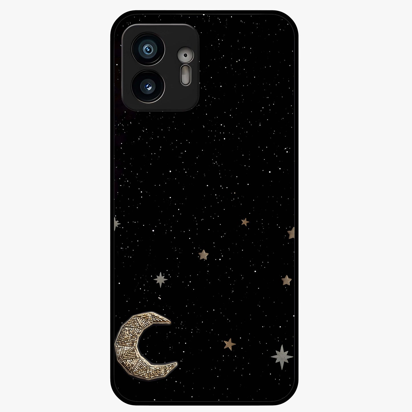 Twinkle Star With Half Moon Glass Case showing flat back view with star and half moon artwork and glossy glass finish.