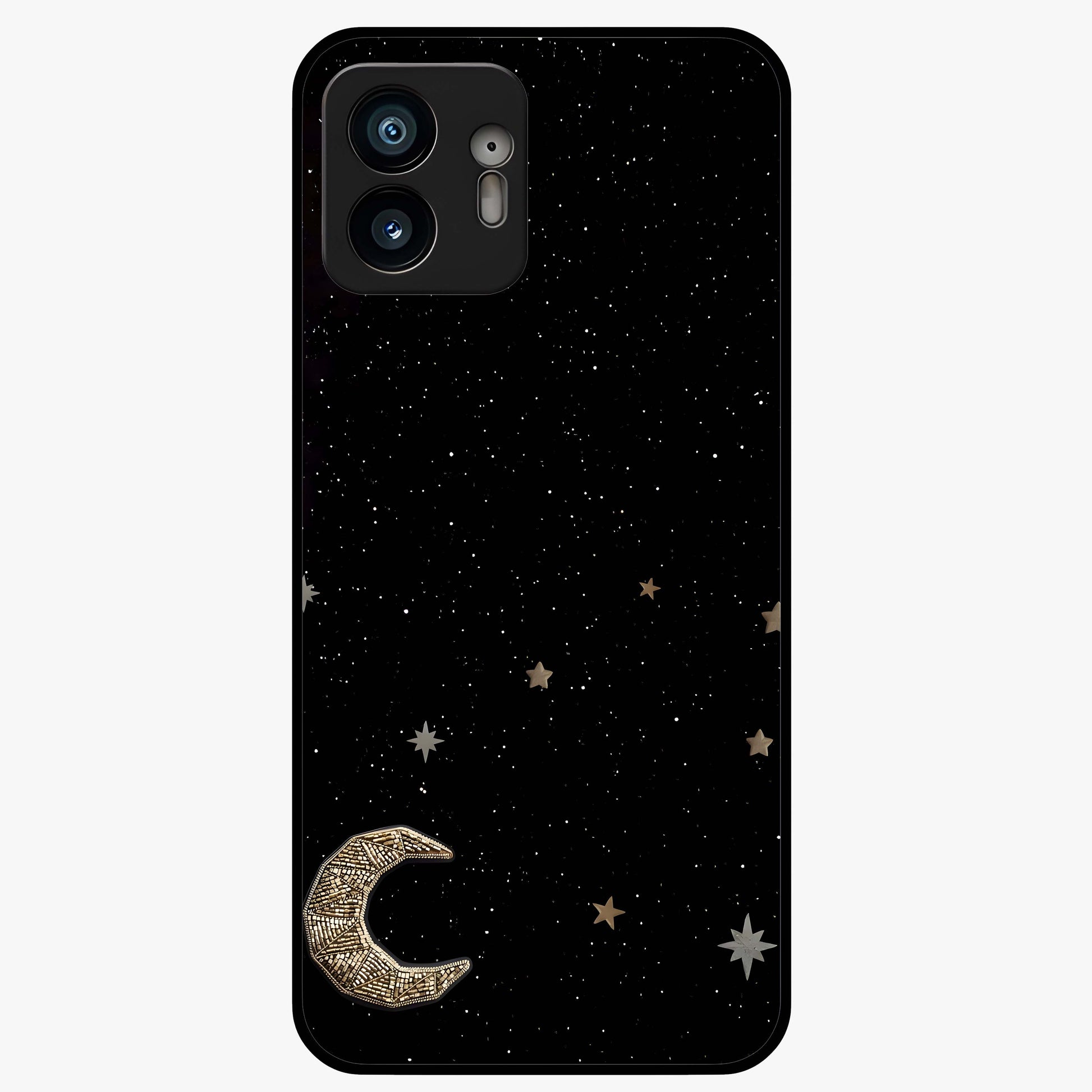 Twinkle Star With Half Moon Glass Case showing flat back view with star and half moon artwork and glossy glass finish.