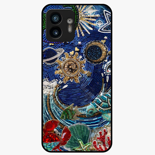 Universe Underwater Spark Glass Case showing flat back view with cosmic underwater themed artwork and glossy glass finish.