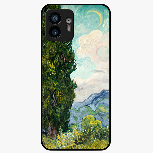 Van Gogh Vintage Art Glass Case showing flat back view with vintage painterly artwork inspired by Van Gogh style and glossy glass finish.