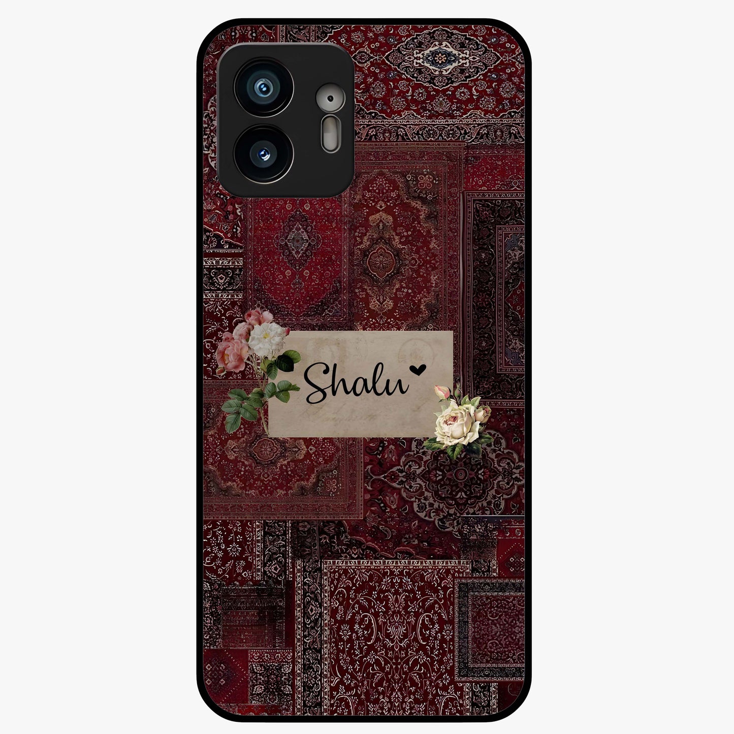 Velvet Wine Pattern Custom Name Glass Case showing flat back view with elegant wine colored pattern artwork and personalized name design.