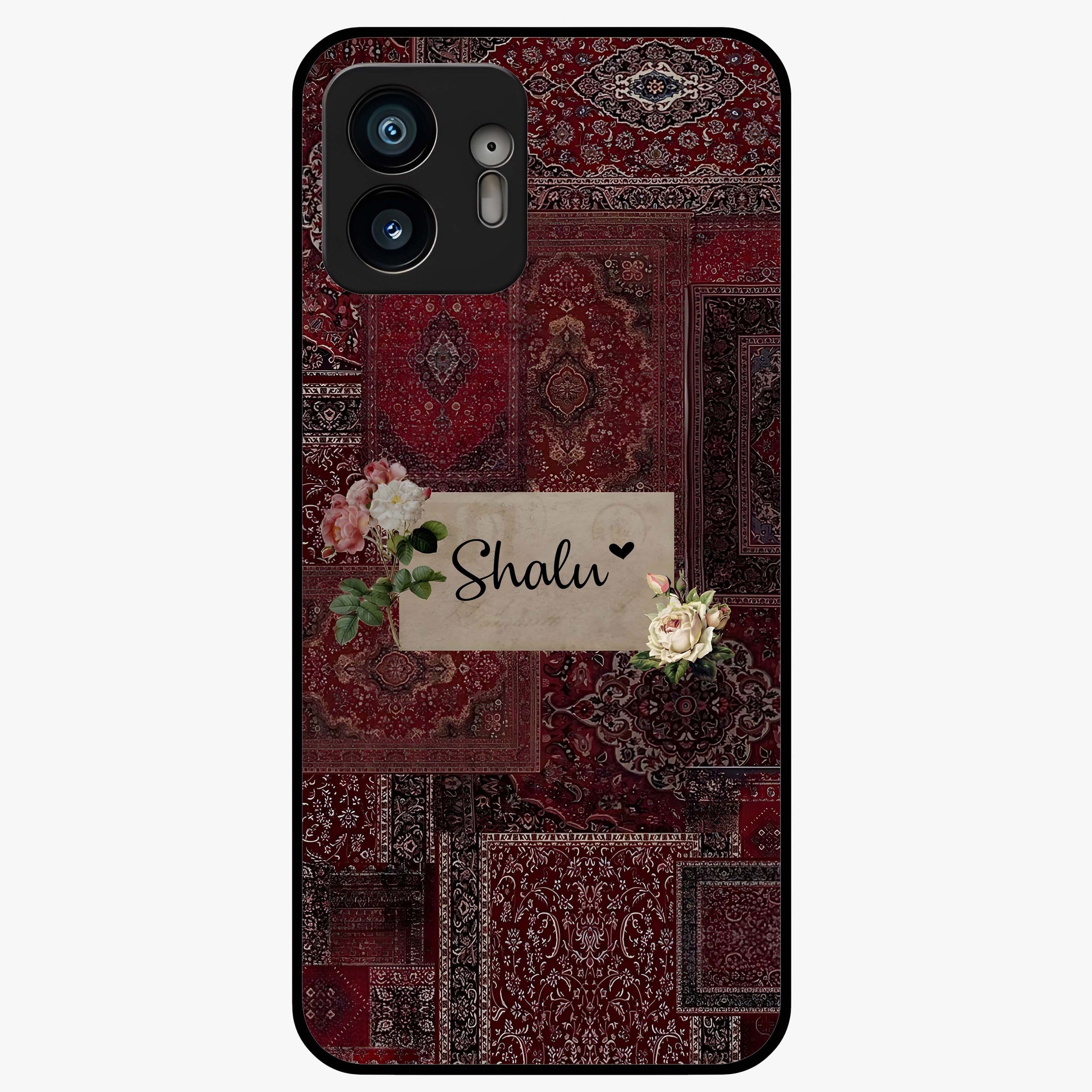 Velvet Wine Pattern Custom Name Glass Case showing flat back view with elegant wine colored pattern artwork and personalized name design.
