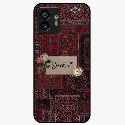 Velvet Wine Pattern Custom Name Glass Case showing flat back view with elegant wine colored pattern artwork and personalized name design.
