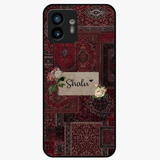 Velvet Wine Pattern Custom Name Glass Case showing flat back view with elegant wine colored pattern artwork and personalized name design.