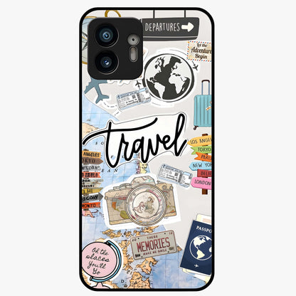 Wanderlust Journal Glass Case showing flat back view with travel inspired artwork and glossy glass finish.