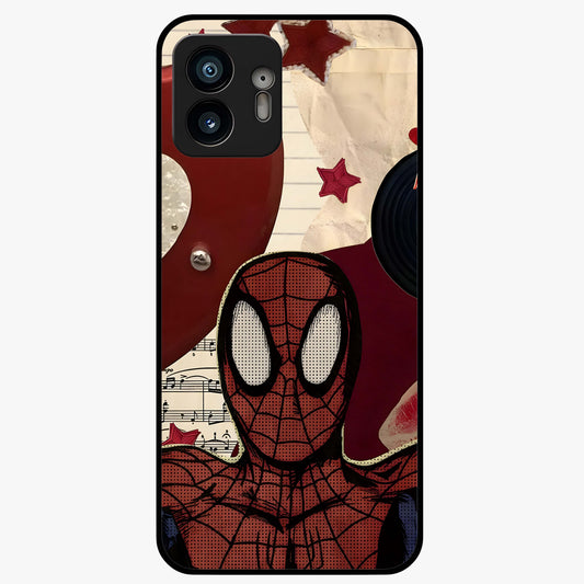 Web Warrior Vibes Glass Case showing flat back view with superhero inspired web themed artwork and glossy glass finish.