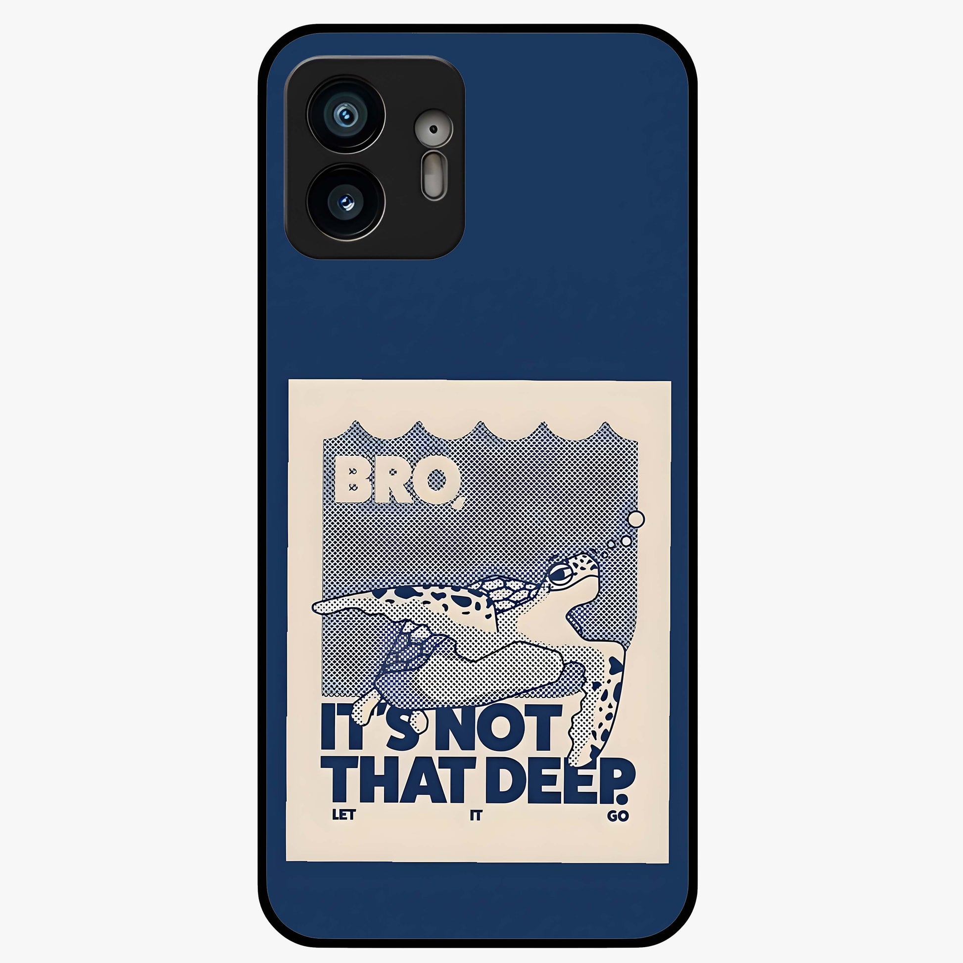 Worry Less Swim Glass Case showing flat back view with playful motivational artwork and glossy glass finish.