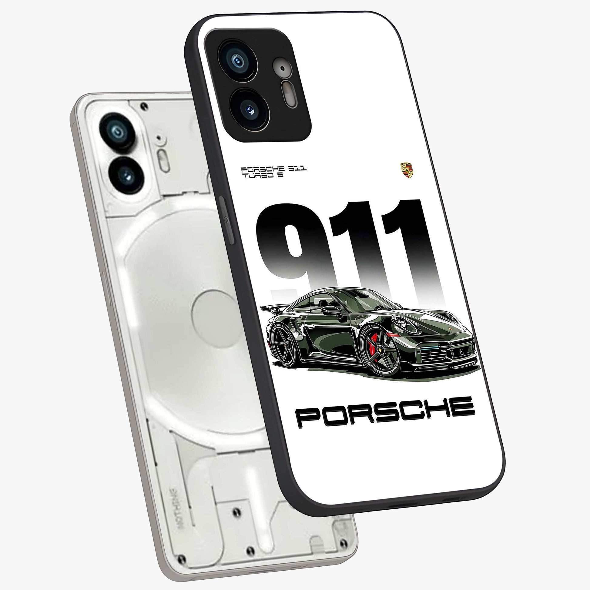 911 Turbo Dominance Glass Case displayed in premium angled mockup highlighting sporty car illustration and sleek glass surface.