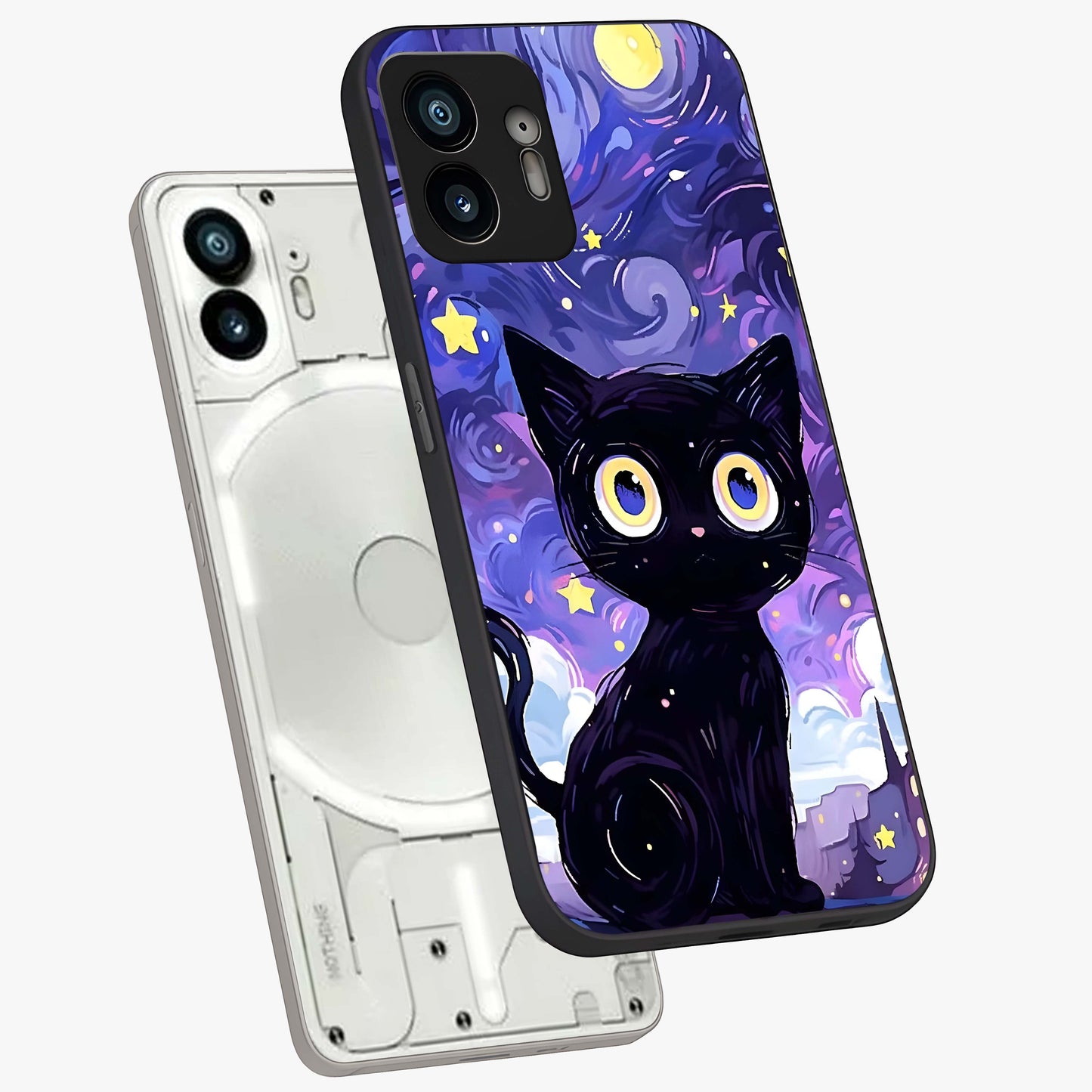 Abstract Cat Art Glass Case displayed in angled mockup highlighting modern abstract cat artwork and sleek glass surface.