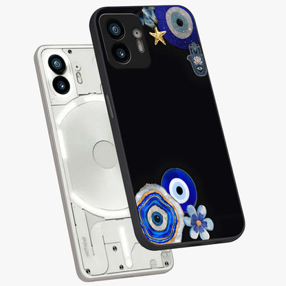 Aesthetic Blue Evil Eye Glass Case displayed in angled mockup highlighting blue evil eye symbol and spiritual aesthetic design.
