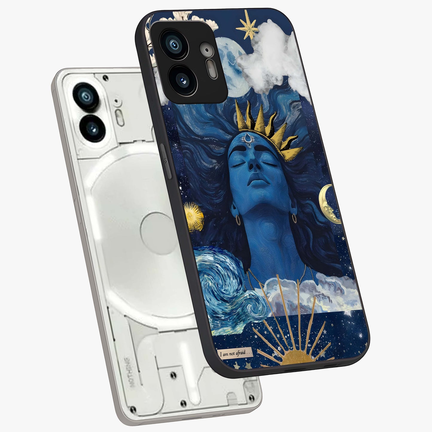 Aesthetic Lord Shiva Glass Case displayed in angled mockup highlighting spiritual Shiva illustration and sacred aesthetic design.