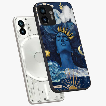 Aesthetic Lord Shiva Glass Case displayed in angled mockup highlighting spiritual Shiva illustration and sacred aesthetic design.