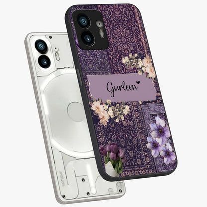 Antique Floral Whisper Custom Name Glass Case displayed in angled mockup highlighting elegant antique floral aesthetic.